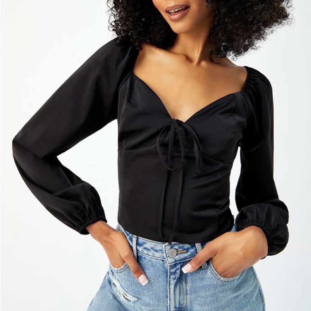 Long Sleeve Bustier Tie Front Satin Top